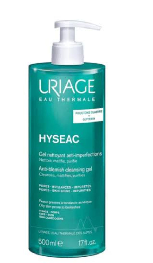 A 500 ml bottle of Uriage Eau Thermale Hyseac Anti-blemish Cleansing Gel, featuring a teal green body and a white pump dispenser, shown against a plain white background.